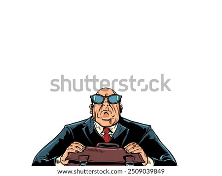 Serious man in a suit and briefcase. Business meeting of entrepreneurs on business issues. The mafia boss watches closely. Pop Art Retro Vector Illustration Kitsch Vintage 50s 60s Style. On a white