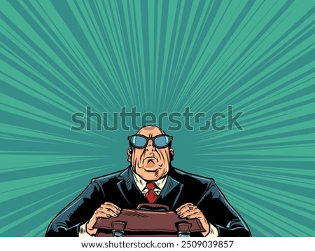 Serious man in a suit and briefcase. Business meeting of entrepreneurs on business issues. The mafia boss watches closely. Pop Art Retro Vector Illustration Kitsch Vintage 50s 60s Style