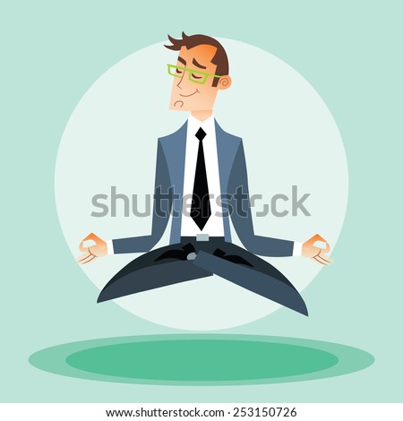 Businessman man practices yoga and hovers in the air
