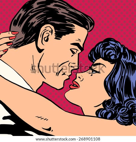 Kiss love movie romance heroes lovers man and woman pop art comics retro style Halftone. Imitation of old illustrations. Actors during love scenes.