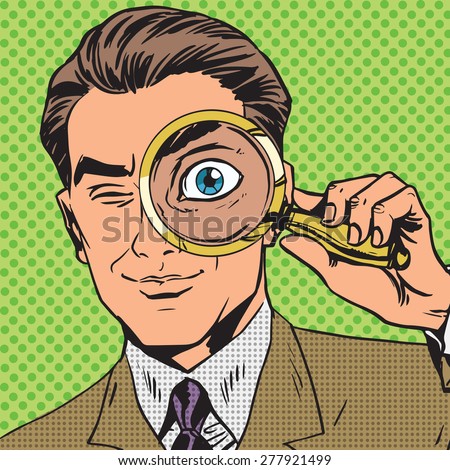 The man is a detective looking through magnifying glass search