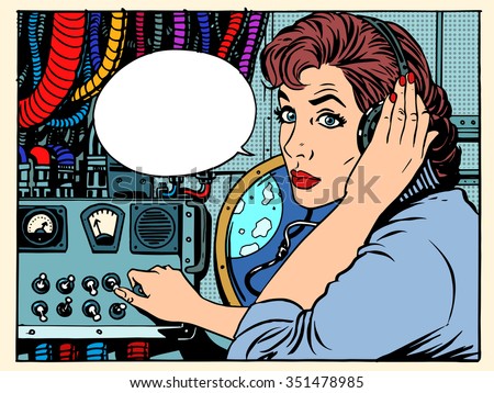 Girl radio space communications with astronauts pop art retro style. The mission control center. Manager flights. Science fiction space and planets