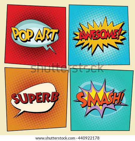 Set of retro comic bubbles pop art phrases vector. Pop art. Awesome. Superb. Smash