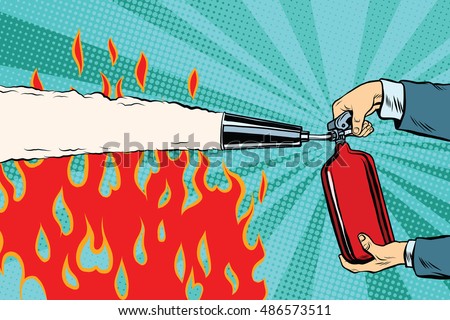 Extinguish the flames with a fire extinguisher pop art retro vector. Red fire