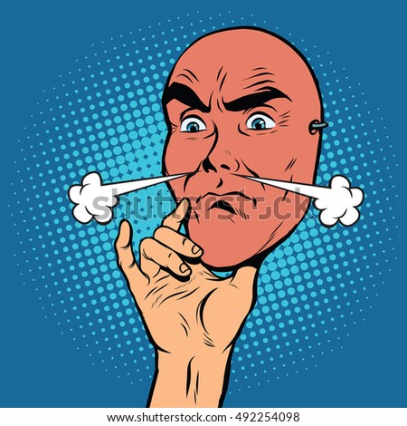 Angry face mask of a man, pop art retro vector illustration. The steam from the nose