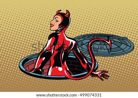 Red devil girl succubus emerges from hell, pop art retro vector illustration. Luke city sewer underground
