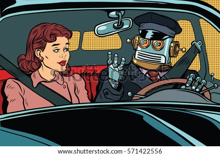 robot autopilot car, woman passenger in unmanned vehicles. Vintage pop art retro illustration. Modern technologies, unmanned vehicles