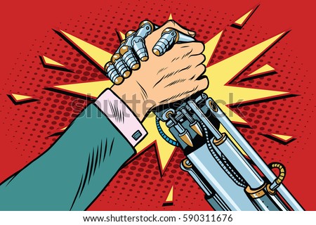 Man vs robot Arm wrestling fight confrontation, pop art retro vector illustration. New technology progress