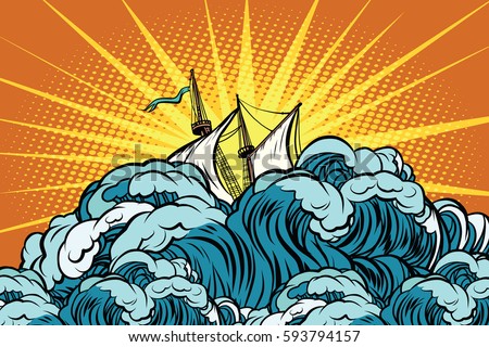 Retro sailing ship sinks in stormy waves. The sea and the ocean. Weather and the elements. Pop art retro vector illustration