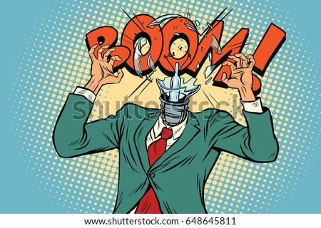 Boom, head exploded light bulb from the stress at work. Pop art retro vector illustration