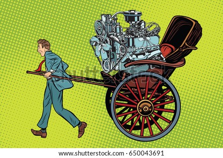 Manual labor vs mechanical, rickshaw carries motor. Pop art retro vector illustration