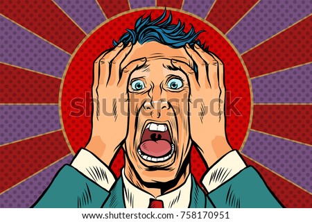 terrified man holding his head, panic face. Pop art retro vector illustration