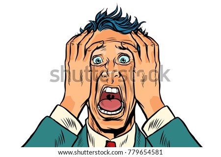 frightened man two hands on the head, panic face. Pop art retro vector illustration