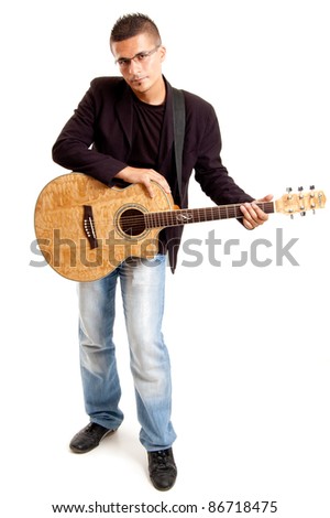 Full Body Shot Of A Young Guitar Player With His Guitar, Isolated On ...