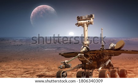 Martian rover Curiosity on surface of red planet Mars. Research of red planet. Perseverance 2020 rover. Elements of this image furnished by NASA Stock foto © 