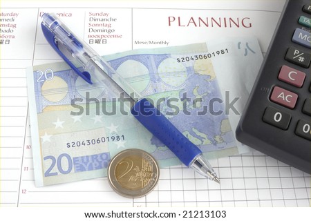 Money with pen, calculator on planning paper background