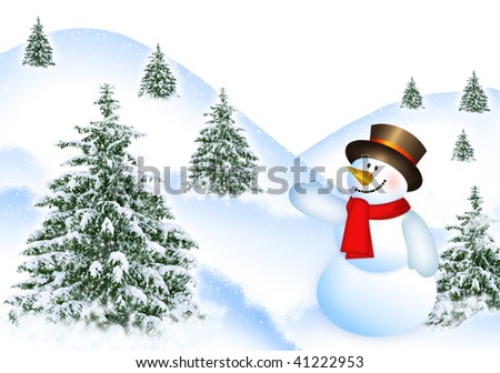 Abstract Christmas light blue background. Fir-trees on to snow and merry snow man, congratulating on Christmas and New Year