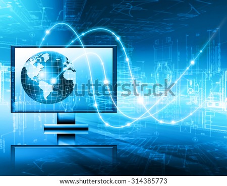 Best Internet Concept of global business. Globe and glowing lines on technological background. Wi-Fi, rays, symbols of the Internet, airwaves, television, mobile and satellite communications