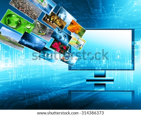 Best Internet Concept of global business. Monitor and glowing lines on technological background. Electronics, Wi-Fi, rays, symbols of the Internet,  television, mobile and satellite communications