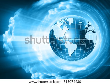 Globe on blue sky background, clouds and rays of light. Best  Concept of global business