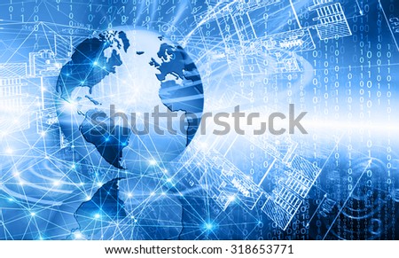 Best Internet Concept of global business. Globe, laptop and glowing lines on technological background. Electronics, Wi-Fi, rays, symbols  Internet, television, mobile and satellite communications
