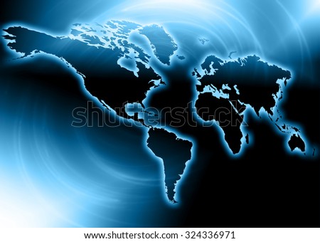 World map on a technological background, glowing lines symbols of the Internet, radio, television, mobile and satellite communications. Internet Concept of global business