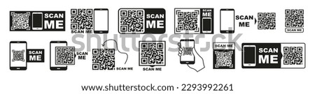 Qr code scanner.Collection of Qr codes with scan me.Scanning a QR code with a smartphone.Vector