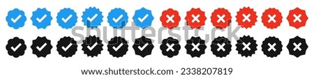verified and unverified icons.Verified badge profile and  unverified badge profile.Set of Badge check and cross icon.Vector