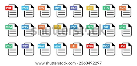  Popular File type icon set. Сollection of File formats icon.PSD,SVG,CSS,PNG,EPS,ZIP,DOC,MOV and many others file icon.