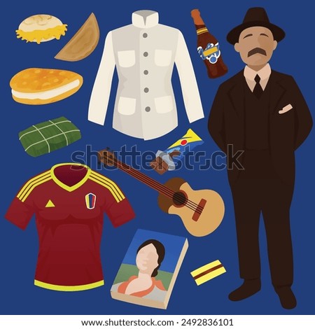 Beautiful vector illustration of Venezuelan staples. Foods clothing literature drinks and religious figure from Venezuela. Flat colors blue background