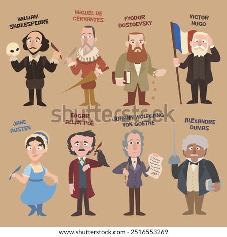 Cartoon vector illustration of classic western authors. Fun collection of iconic figures of literature. Shakespeare Cervantes Dostoevsky Victor Hugo Austen Poe Goethe Dumas. Flat colors