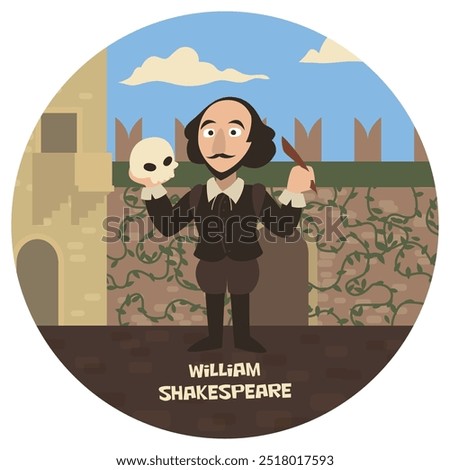 Fun cartoon vector illustration of William Shakespeare. Historical literature classic writer. Author of Hamlet Macbeth Romeo and Juliet. Flat colors.