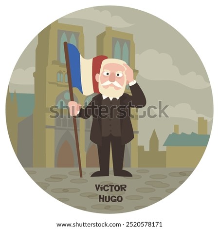 Fun cartoon vector illustration of Victor Hugo. Historical literature classic writer. Author of Les Miserables The Hunchback of Notre Dame. Flat colors.