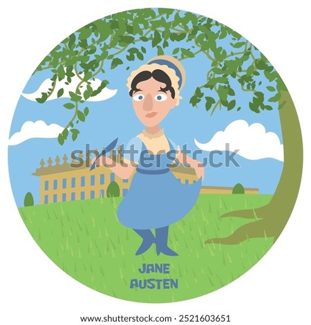 Fun cartoon vector illustration of Jane Austen. Historical literature classic writer. Author of Pride and Prejudice Emma Sense and Sensibility Persuasion. Flat colors.