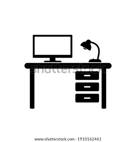 Desktop or workplace vector icon. Table with computer and lamp symbol isolated on white background. Vector EPS 10