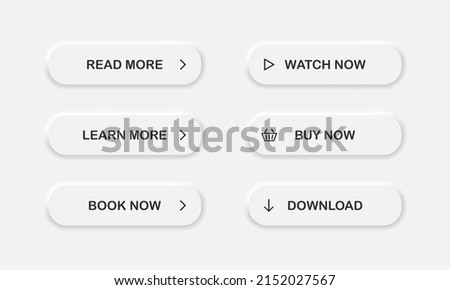 Modern neumorphism material style buttons set in dark colors. Read, learn more, watch and buy now button for web and mobile apps. Vector EPS 10