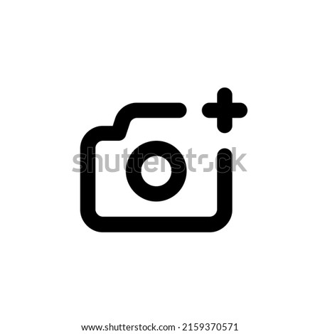 Add photo icon outline in vector. Camera with add plus symbol isolated. Vector EPS 10