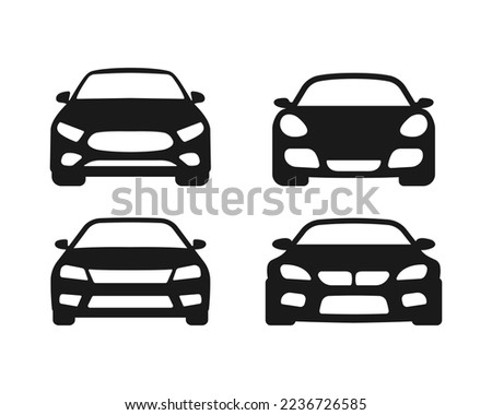 Icons of black cars. Auto vehicle car in front view symbols isolated on white background. Vector EPS 10