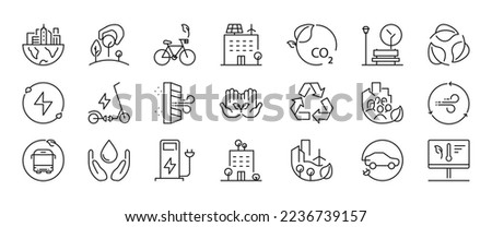 Eco energy friendly city icons set. Concept of energy efficient city with green energy symbols isolated on white background. Vector EPS 10