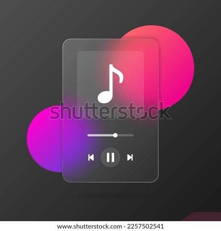 Music player UI gradient blurred glass style. Music note with player interface in glassmorphism style. Vector illustration EPS 10