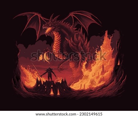 Warrior knight against a fire breathing dragon. An ancient dragon on fire and a warrior with a sword. Vector illustration EPS 10