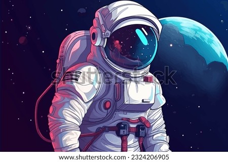 Astronaut in a space suit is flying in space next to planets and stars. Vector illustration EPS 10