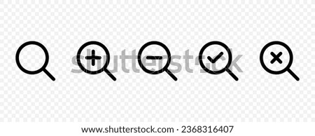 Magnifying glass loupe icons set. Search check, cross, zoom plus and minus symbols. Search magnifier sign. Vector EPS 10