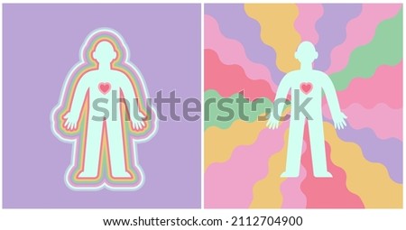 Aura and positive vibrations concept. Illustration of a healthy mind and positive thinking of a person full of love. Human silhouette spreading kindness. Flat cartoon-style vector illustration. 