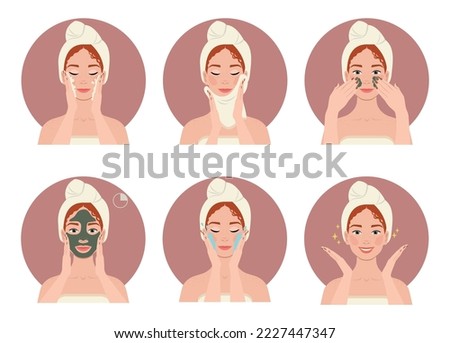 Women making skin care step-by-step. Lady takes care of her face using beauty products. Vector flat cartoon minimalistic illustration. 