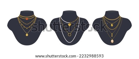 Set of trendy minimalistic necklaces, chains, and beads with gold pendants. Jewelry are displayed on black mannequin busts. Vector cartoon objects for fashion and beauty design. 