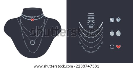 Set of trendy minimalistic necklaces, chains, and beads with silver or platinum pendants. With chain brushes. Jewelry are displayed on black mannequin busts. Vector cartoon clip art for fashion art. 