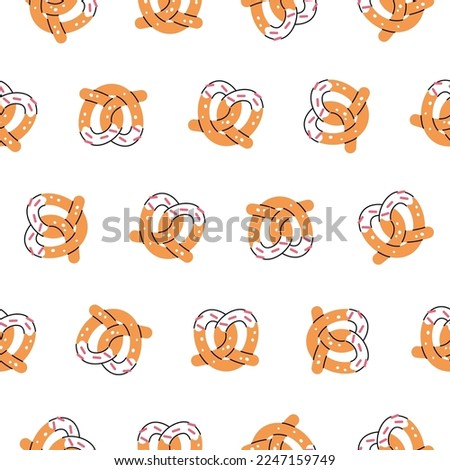 Cute heart-shaped pretzel seamless pattern. Vector cartoon design on white background. Sweet sugar dessert to show love. Background for Valentine day. 