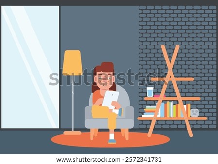 A woman with a tablet sitting on a chair. Modern room with a book shelf, brick wall, large window and floor lamp