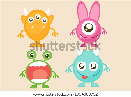 Big Eyed Monsters with Horns Expressing Emotions Vector Set. Monster colorful round silhouette icon set. Eyes, tongue, tooth fang, hands up. Cute cartoon kawaii scary funny baby character.